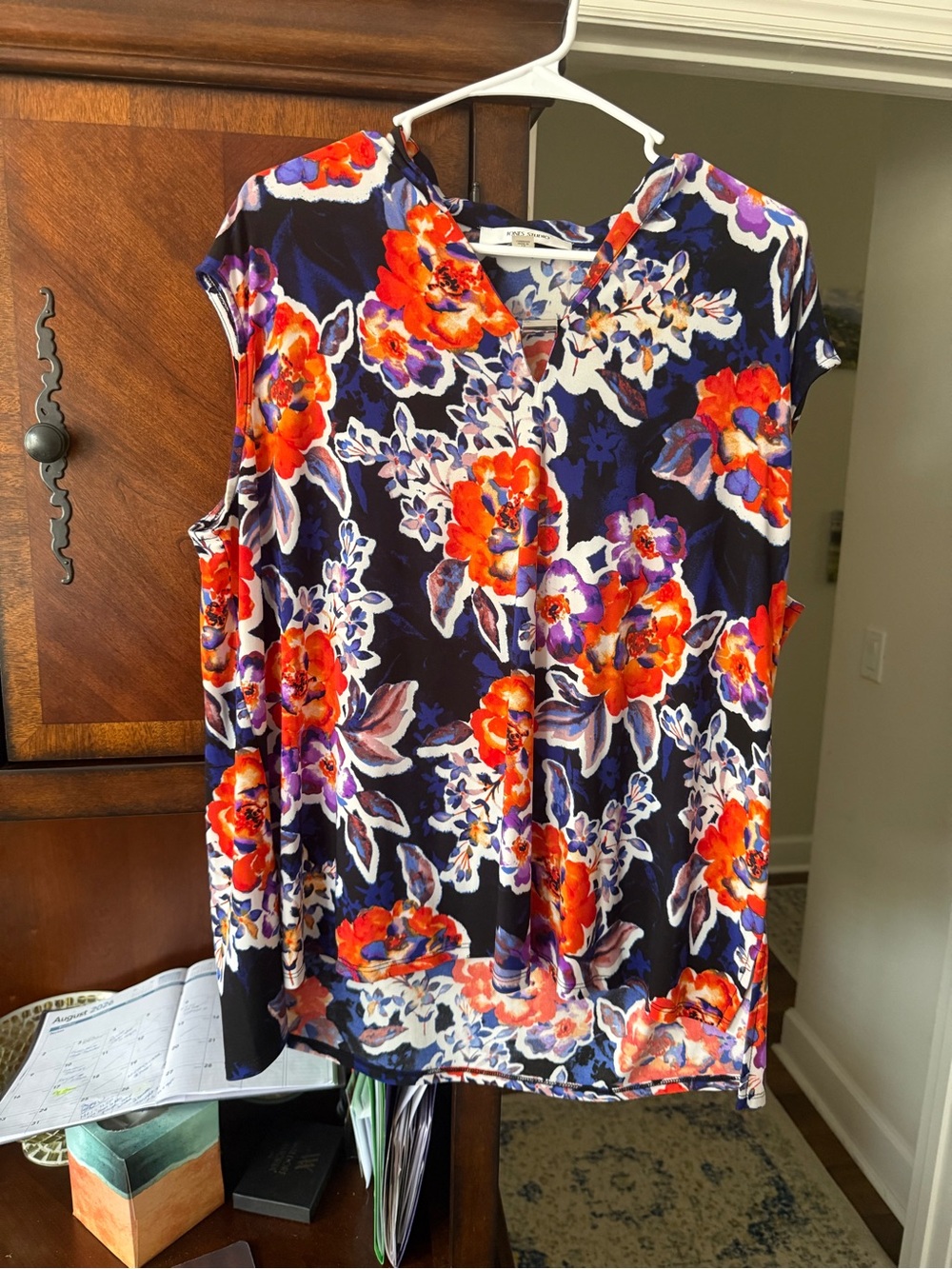 Jones Studio Navy Sleeveless Floral V-Neck Top with Orange & Purple Blooms